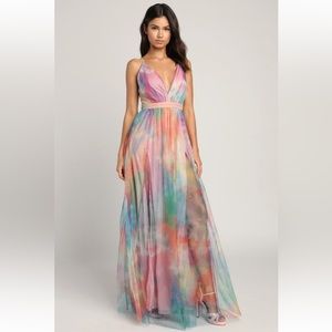 Lulus Elegant Moment Multi Watercolor Tie-Dye Backless Maxi Dress Size Small